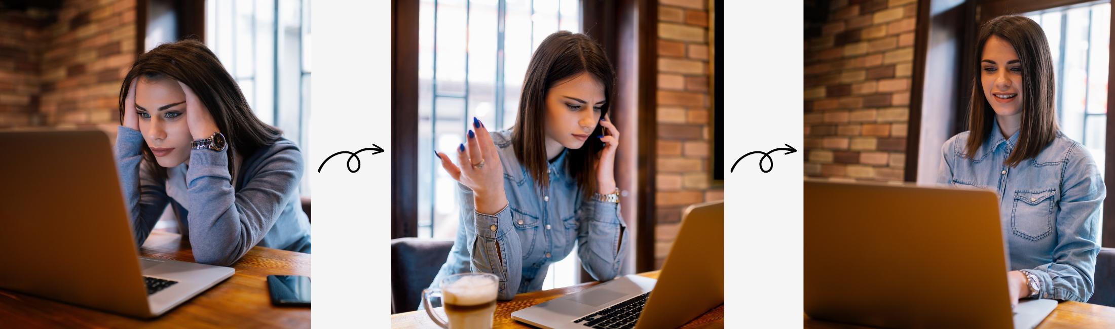 Trio of images of woman on laptop from frustrated to confident.