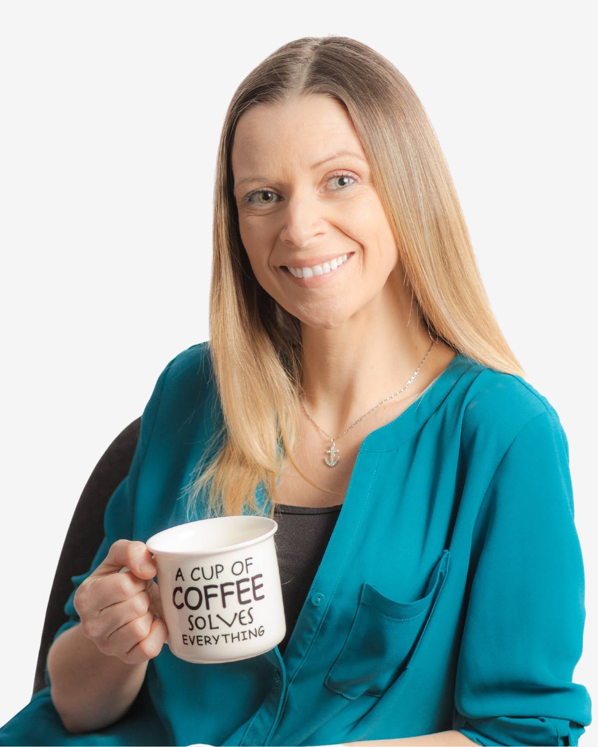 Woman in teal shirt holding coffee cup.